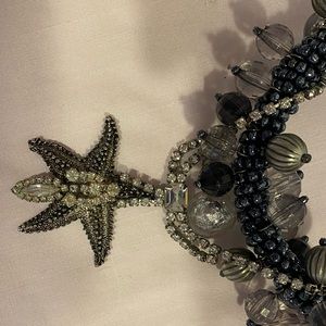 Choker necklace Starfish, rhinestones, blue / Smokey beads
